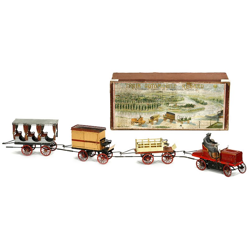 Road Train "Train Automobile Rénard", c. 1905: Road Train "Train Automobile Rénard", c. 1905 Manufactured by Le Jouet de Paris, exclusive model for "Grands Magasins du Louvre", complete set with car, 3 trailers and original driver figure, hand-pa