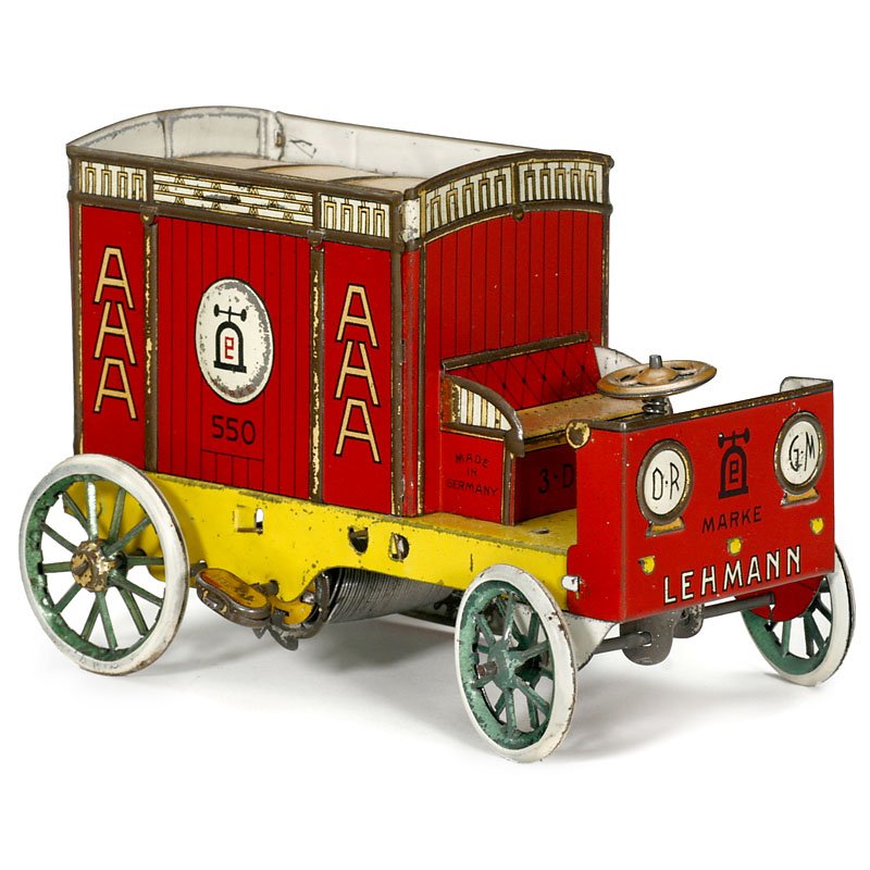 "AHA" Delivery Van EPL 550 by Lehmann, from 1907: "AHA" Delivery Van EPL 550 by Lehmann, from 1907 Lithographed tin, 2 opening back doors, steerable front wheels, clockwork, working, length 5 1/3 in. "AHA"-Geschäftsauto "Lehmann" EPL 550, ab 1907 Li