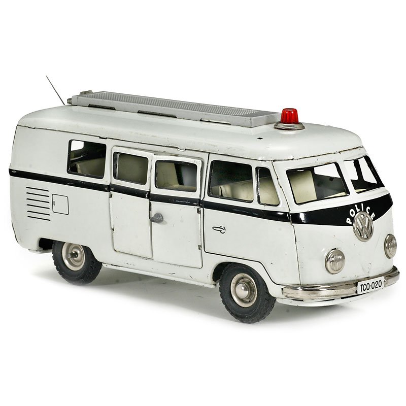 Tipp & Co Police Bus, No. 326F: Tipp & Co Police Bus, No. 326F Nuremberg; lithographed tin, friction drive (defective), opening doors, extendable ladder on roof, without horns, length 9 in. VW-"Police"-Bus "Tipp & Co" Nr. 326F Nürn