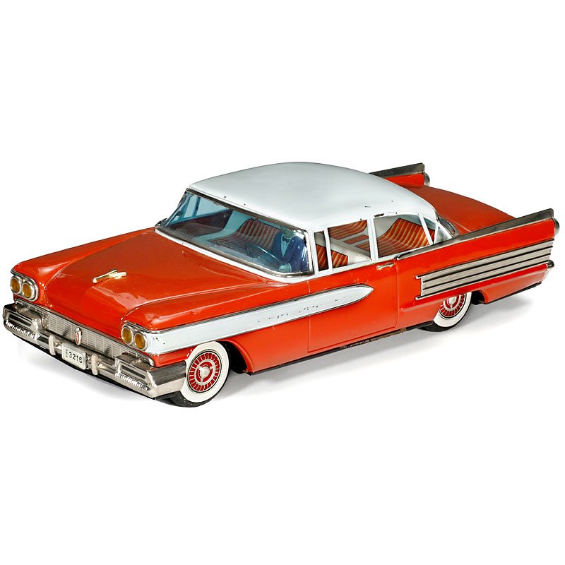 Large Oldsmobile "Made in Japan", c. 1955: Large Oldsmobile "Made in Japan", c. 1955 Unmarked, probably Ichiko, tin, red/white, lithographed interior, with driver figure, friction-drive, working, length 16 ½ in., minor damage on rear window, 