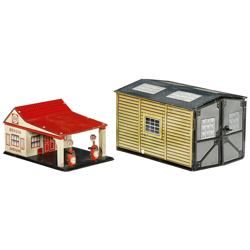 Lithographed Tin Toy Garage and Petrol Station, c. 1930: Lithographed Tin Toy Garage and Petrol Station, c. 1930 1) Esso penny toy petrol station, by Distler, 5 ½ x 4 x 2 ¾ in. – And: 2) Bing Werke, garage, 8 x 4 ¾ x 4 in. Spielzeuggarage und Tankst