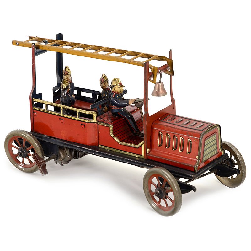 Fire Brigade Car by Hans Eberl, c. 1910: Fire Brigade Car by Hans Eberl, c. 1910 Crew wagon with ladder, lithographed tin, spiral spring drive, working, length 8 ¼ in., very rare. Feuerwehr "Hans Eberl", um 1910 Mannschaftswagen mit Leiter,