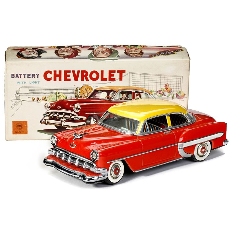 Marusan, Japan Chevrolet Bel Air, 1954: Marusan, Japan Chevrolet Bel Air, 1954 Red/yellow tinplate, lithographed interior, battery-operated, working, chromed fittings, length 11 in., very good condition, in original box. Chevrolet Bel Air "