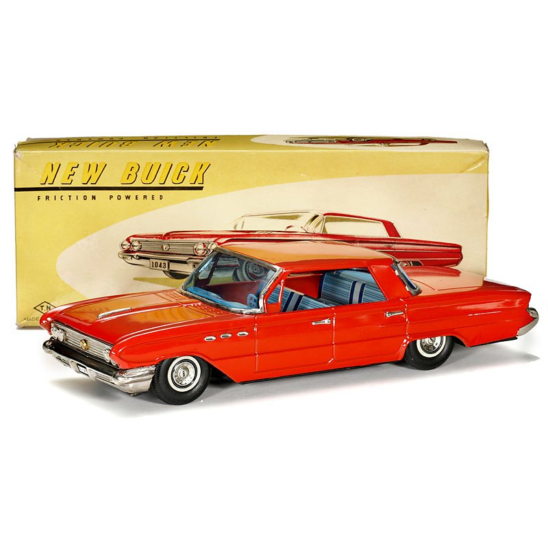 Large Buick by T.N. Japan, c. 1960: Large Buick by T.N. Japan, c. 1960 Tin, red, lithographed interior, friction-drive working, length 15 ¾ in., as new, original box. Großer Buick "T.N., Japan", um 1960 Blech, rot, lithographierter In