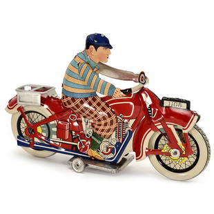 Rare Chinese Tin Toy Motorcycle, c. 1930: Rare Chinese Tin Toy Motorcycle, c. 1930 No. 1106, lithographed tin, clockwork, working, length 7 ½ in., as new. Seltenes chinesisches Blechspielzeug-Motorrad, um 1930 Nr. 1106, lithographiertes Blec