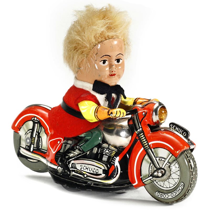Schuco Mirako Peter Motorcycle No. 1013, c. 1955: Schuco Mirako Peter Motorcycle No. 1013, c. 1955 Made in Western Germany, lithographed tin, clockwork (working), length 5 1/10 in., very good condition. Mirako Peter Motorrad "Schuco" Nr. 1013, um 195