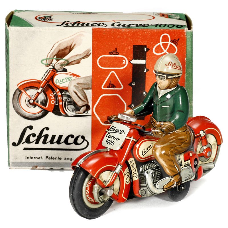 Schuco Curvo Motorcycle No. 1000, c. 1950: Schuco Curvo Motorcycle No. 1000, c. 1950 Made in U.S.-Zone Germany, lithographed tin, clockwork, working, length 4 ¾ in., as new. With instructions, in original box. Curvo Motorrad "Schuco" Nr. 1000