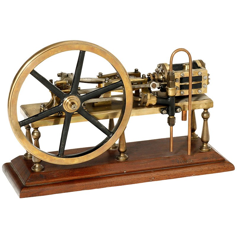 Horizontal Steam Engine, c. 1900: Horizontal Steam Engine, c. 1900 Precision model, made of brass and steel, double-action cylinder Ø 1 7/8 in., flywheel Ø 7 4/5 in. with feed pump, wooden base, overall size 15 x 6 x 10 1/5 in., 