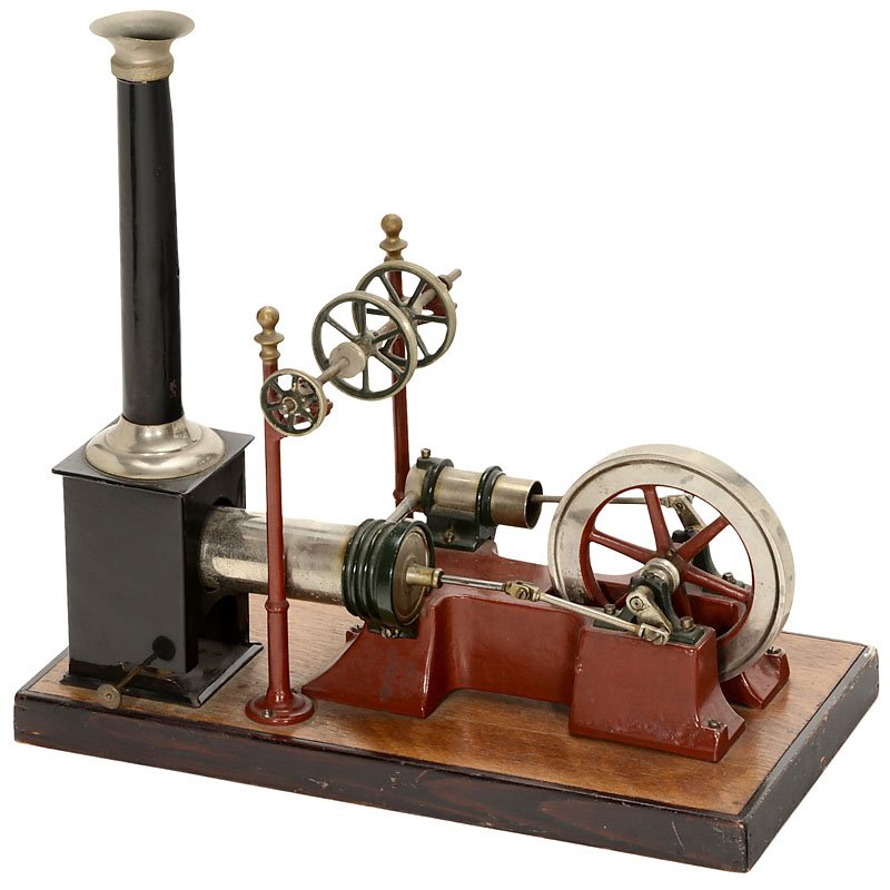 Large Hot-Air Motor with Transmission, c. 1920: Large Hot-Air Motor with Transmission, c. 1920 Physical demonstration model, cast metal and nickeled brass, on wood base, working and reciprocating cylinders arranged side by side, overall size 15 x 7