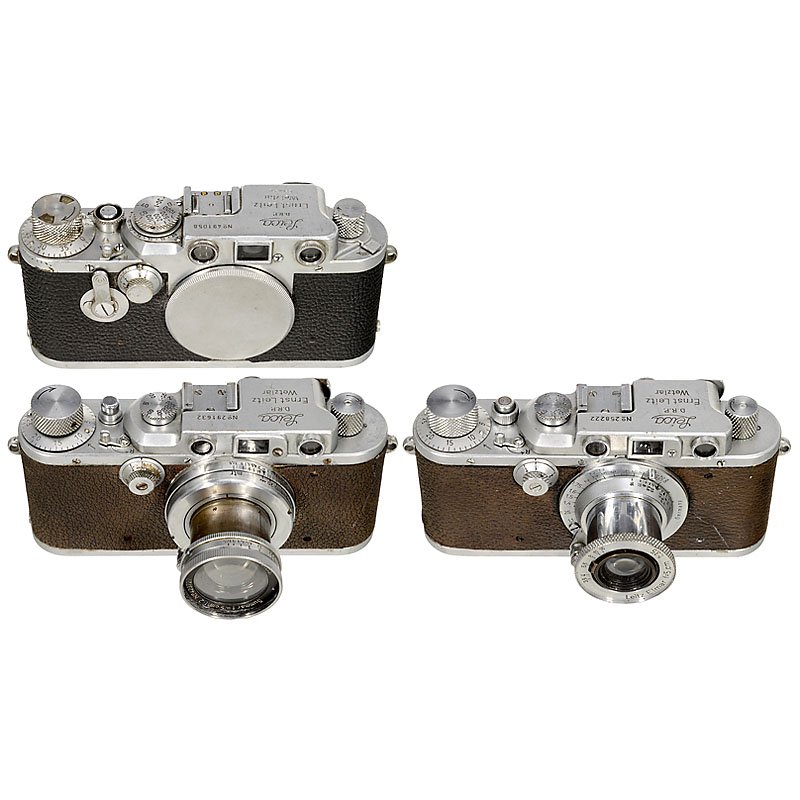 2 x Leica IIIa and 1 x IIIc: 2 x Leica IIIa and 1 x IIIc Leitz, Wetzlar. 1) Leica IIIa, 1937, no. 258222, chrome, Elmar 3,5/5 cm, no. 642868. (3–4/2-) – 2) Leica IIIa, 1938, no. 291632, chrome, Summar 2/5 cm, no. 423727. (4-/