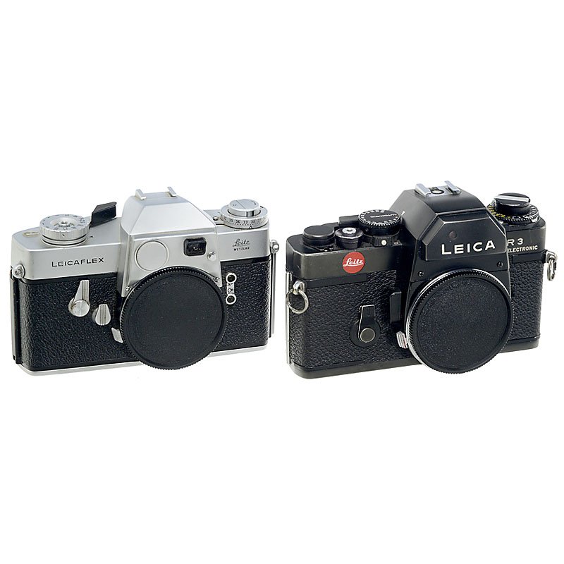 Leicaflex (I), R3 and R3 Mot: Leicaflex (I), R3 and R3 Mot 1) Leitz, Wetzlar. Leicaflex (I), 1965, no. 1125052, chrome. (3+/3) – 2) Leitz, Portugal. Leica R3 Electronic, 1977, no. 1452389, body cap. (3/–) – 3) Leitz, Portuga