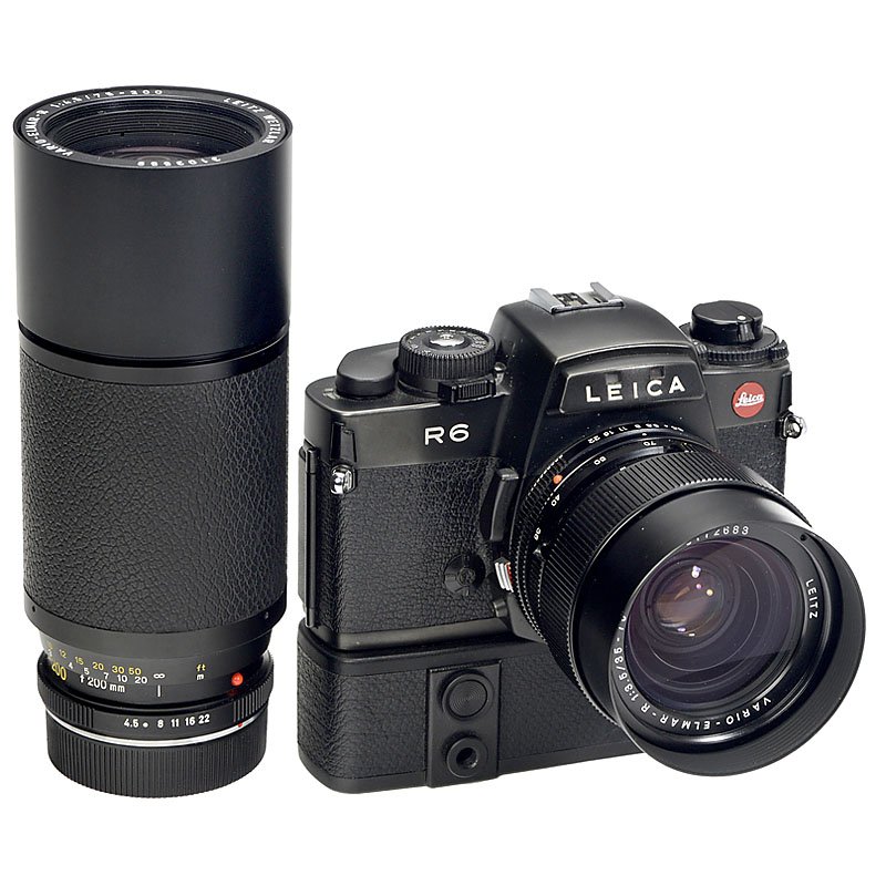 Leica R6 with 35–70 mm and 75–200 mm: Leica R6 with 35–70 mm and 75–200 mm 1) Leica GmbH, Germany. Leica R6, 1988, no. 1747115, with Motor-Winder R4. (2-/2) – 2) Vario-Elmar-R 3,5/35–70 mm, no. 3172683. (2+/1-) – And: 3) Vario-E
