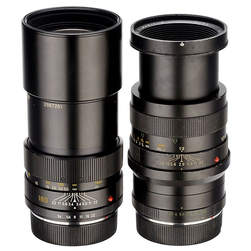 2 Leica R Lenses: 2 Leica R Lenses Leitz, Wetzlar and Canada. 1) Macro-Elmarit-R 2,8/60 mm, no. 2708822, with macro adapter. (3-/3) – And: 2) Apo-Telyt-R 3,4/180 mm, no. 2987281, fungus, lens with electronic cam for 
