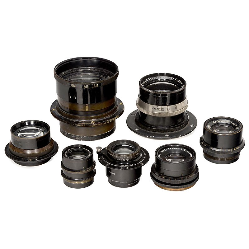 7 Lenses: 7 Lenses 1) Carl Zeiss, Jena. Protarlinse VII F = 29 cm, no. 255169 (back: Protarlinse VII F = 35 cm, no. 278165), iris stop. – 2) Carl Zeiss, Jena. Apo-Tessar 9/24 cm T, 1948, no. 3140940, iris sto