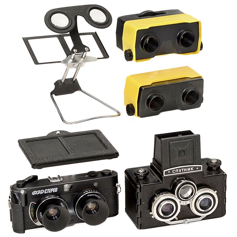 Fed Stereo and Sputnik: Fed Stereo and Sputnik 1) Fed, USSR. Fed Stereo, 1988, size 24 x 30 mm, Industar-81 2,8/38 mm, with case, box and copying frame. (2/–). – 2) GOMZ, USSR. Sputnik, 1955, size 6 x 13 cm (2 x 6 x 6 