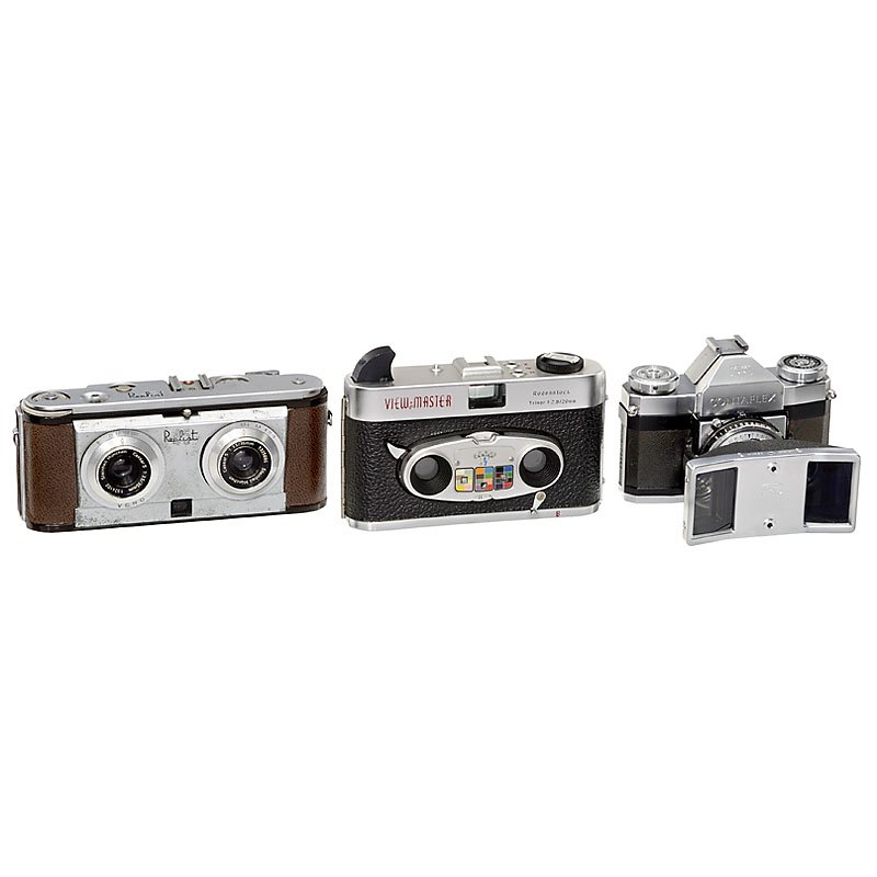 3 Stereo Cameras: 3 Stereo Cameras 1) Aka-Kamerawerk for Sawyer's in Belgium. View-Master Stereo Color Camera, 1962, size 11 x 12 mm on 35 mm film, 2 x Rodenstock Trinar 2,8/100 mm, guillotine shutter, uneven, with cas