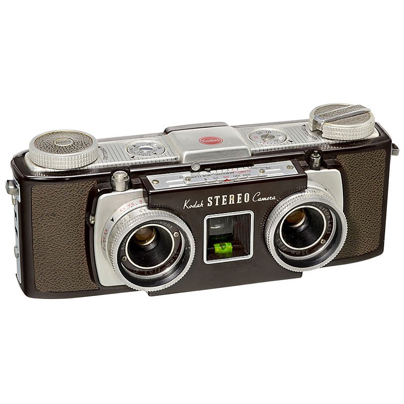 Kodak Stereo Camera (with Inscription in Spanish), 1954: Kodak Stereo Camera (with Inscription in Spanish), 1954 Eastman Kodak, USA. 35mm camera, for pairs of 24 x 24 mm exposures on standard film, shutter 1/25–1/200 sec., stuck, 2 x Kodak Anaston Lens 3,