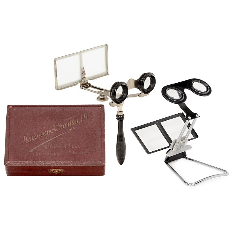Two 6 x 13 cm Stereo Viewers: Two 6 x 13 cm Stereo Viewers 1) France. "Stéréoscope Omnium III", c. 1900, for cards and slides 6 x 13 cm, metal viewer, collapsible, with case. – 2) And an unmarked 6 x 13 cm stand stereo viewer,