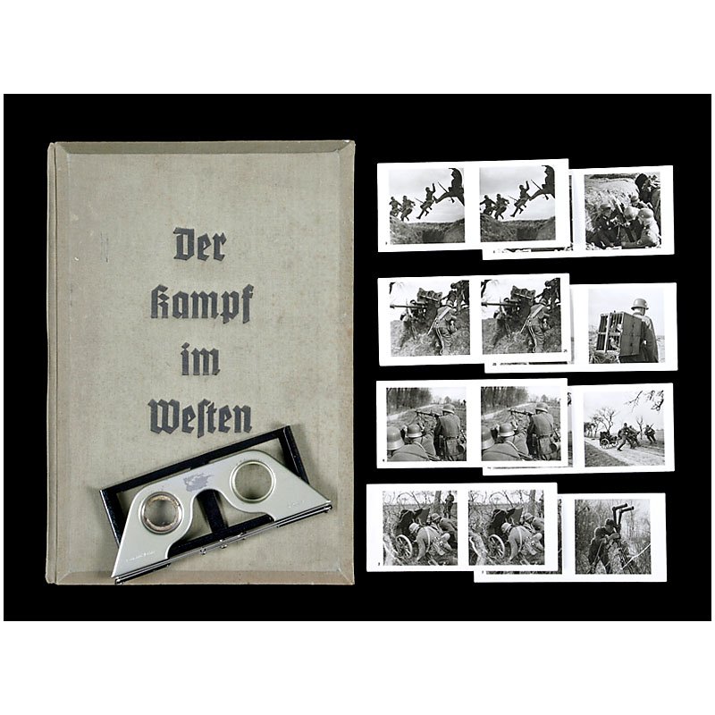 Raumbild Slipcase "Der Kampf im Westen", 1940: Raumbild Slipcase "Der Kampf im Westen", 1940 Raumbild-Verlag Otto Schönstein, Munich. 64 pages, 7 plates, 96 stereo cards (no. 84, 89, 91 and 99 missing), 6 x 13 cm, with viewer. Raumbild-Album "Der