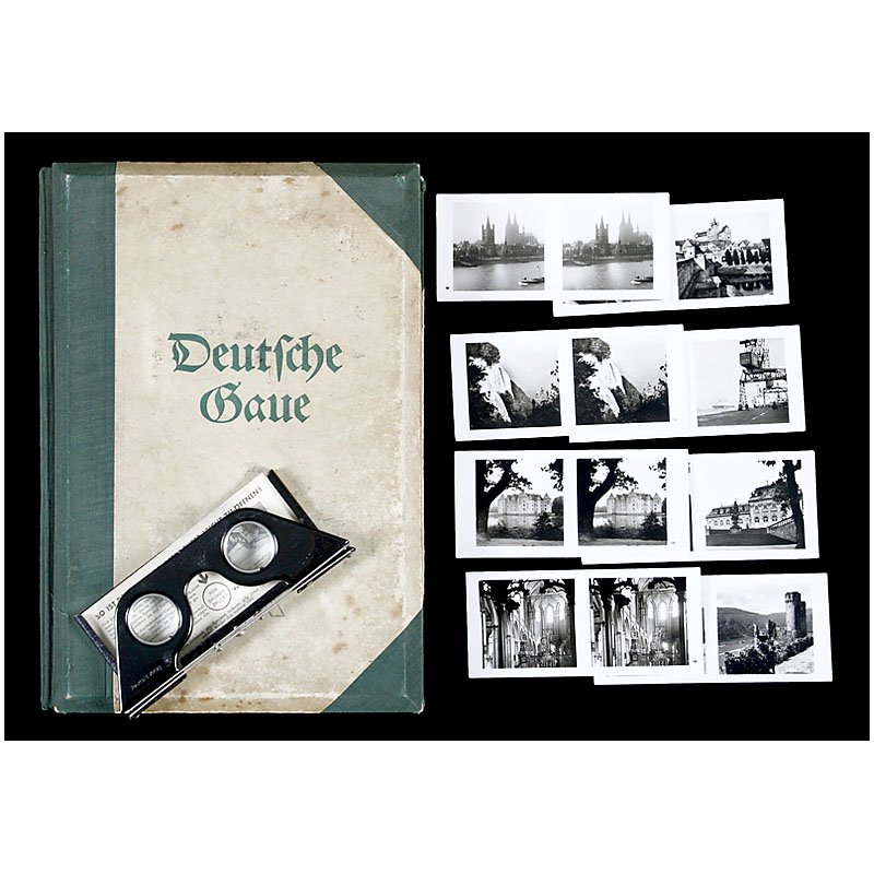 Raumbild Slipcase "Deutsche Gaue", 1938: Raumbild Slipcase "Deutsche Gaue", 1938 Publisher: "Raumbild Verlag Otto Schönstein", Munich, 192 pages, with 197 stereo cards (no. 89, 108 and 173 missing), 6 x 13 cm, stereo viewer and instructions