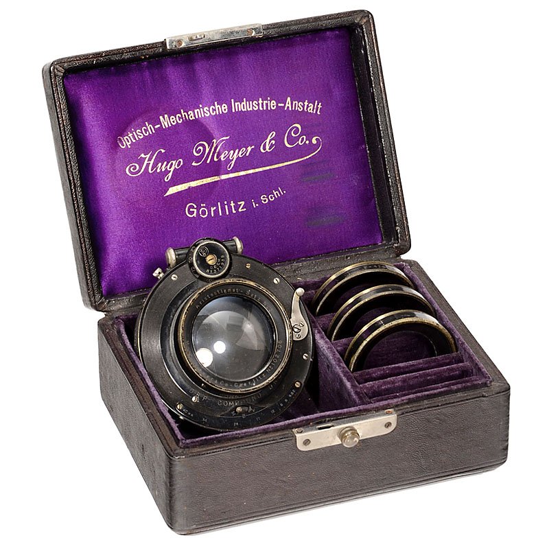 Meyer "Aristostigmat-Satz No. 3", c. 1920: Meyer "Aristostigmat-Satz No. 3", c. 1920 Meyer, Görlitz. No. 102706, with 3 optics: 330 mm, 420 mm and 480 mm focal length, in Compound. With box. Meyer Aristostigmat-Satz No. 3, um 1920 Meyer, Gör