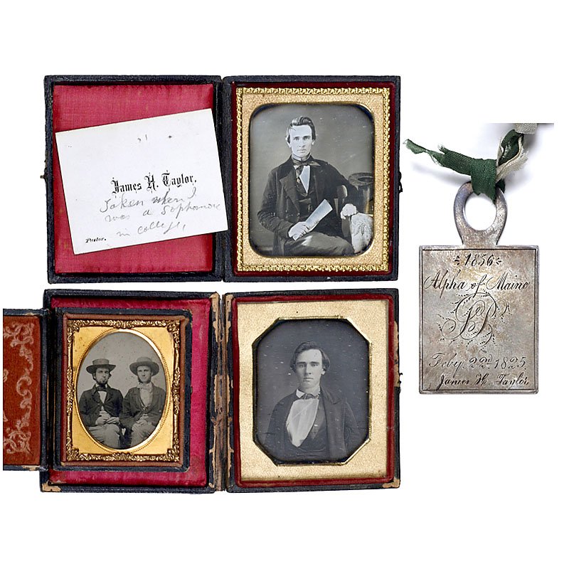 2 Daguerreotypes and 1 Ambrotype, c. 1856: 2 Daguerreotypes and 1 Ambrotype, c. 1856 England. 1) Daguerreotype, 1/6 plate, presumably "James H. Taylor, Pastor", hand-tinted, brass passe-partout, excellent illumination, case. (2/–) – 2) Dag