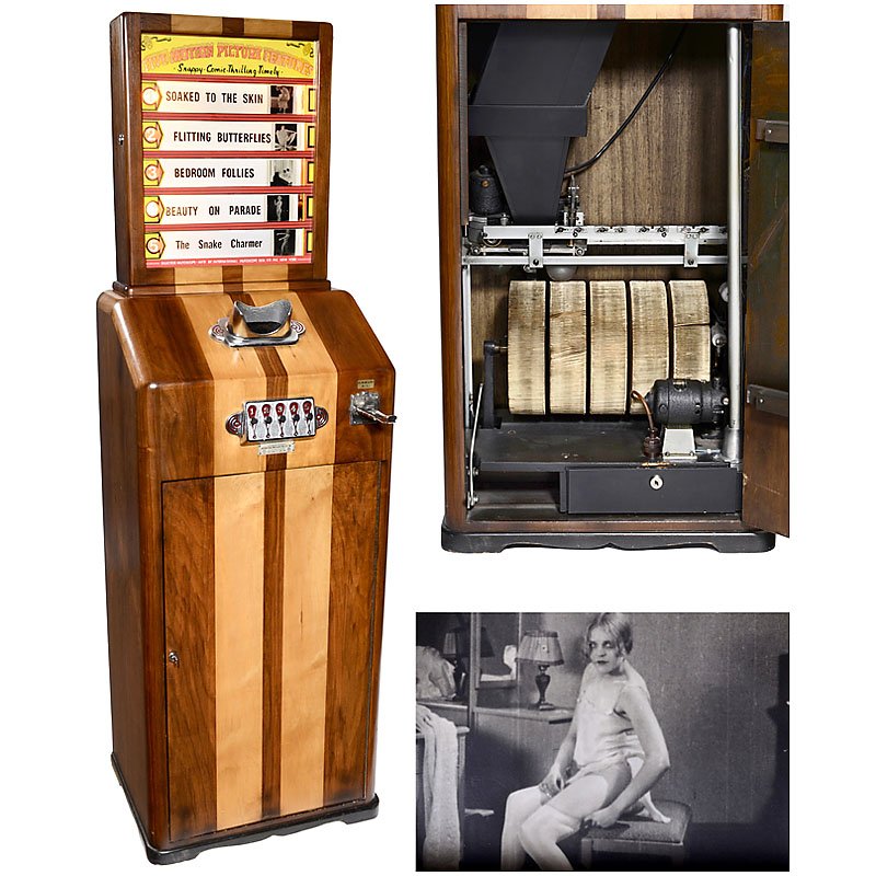 "Mutoscope: The Selector", c. 1931: Mutoscope: The Selector, c. 1931 The most luxurious and rarest model of the Mutoscope machines, coin-operated and with 5 selectable automatical picture (movie) reels!! – Manufactured by The Internat
