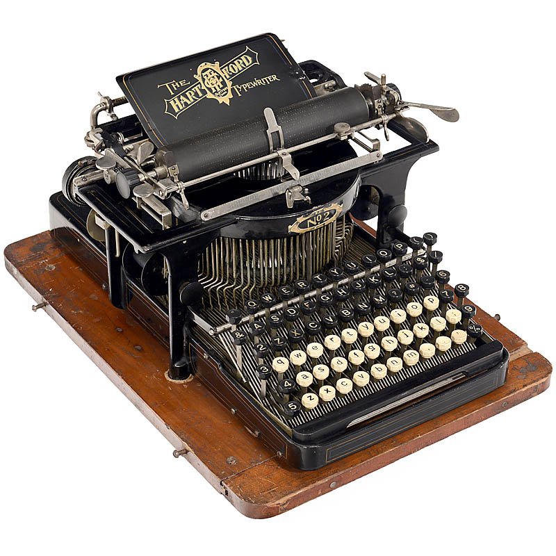 The Hartford No. 2, 1896: The Hartford No. 2, 1896 Extraordinary design with long typebars. Very rare American upstroke machine with spring-powered platen that rises to make the typed text legible when key is pressed. – Lite