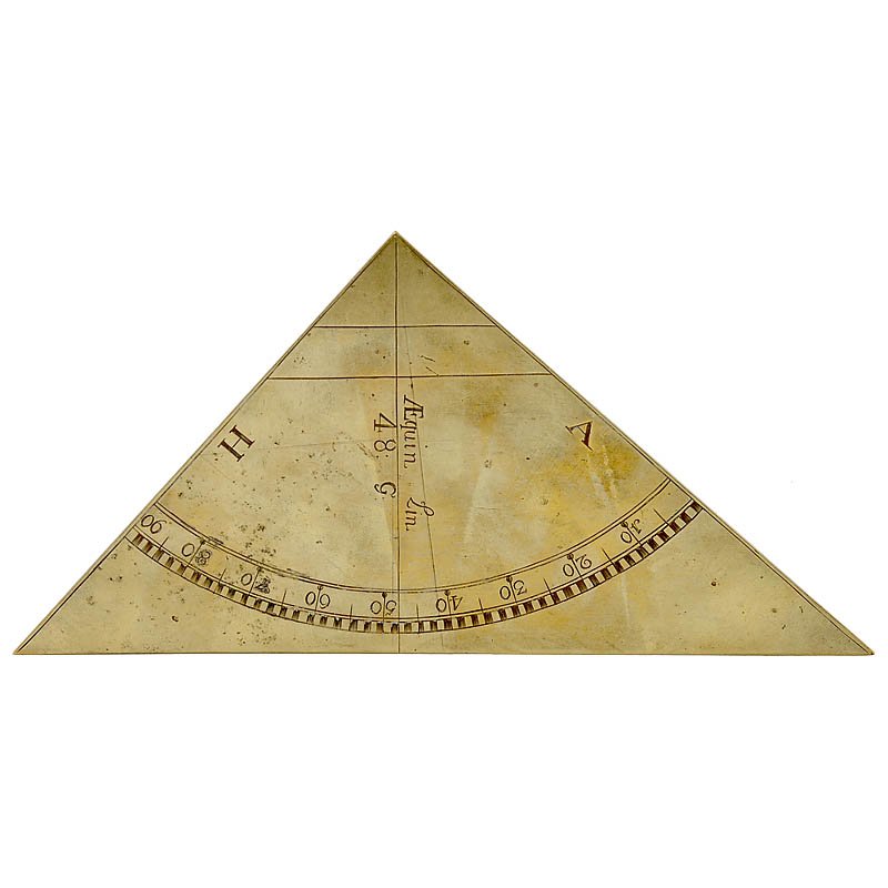 Nautical Brass Quadrant, c. 1760: Nautical Brass Quadrant, c. 1760 Set square with integrated protractor, 0–90°, signed: "Aequin. Lin. 48 G", 7 ¾ in. wide. Nautischer Messing-Quadrant, um 1760 Winkelmesser, 0–90°, signiert: "Ae