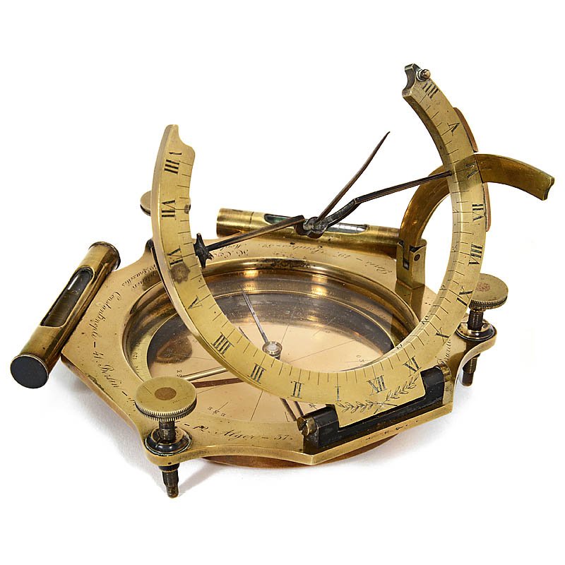 Equinoctial Compass Sundial, c. 1850: Equinoctial Compass Sundial, c. 1850 Signed: "H. Cerf, Ingénieur Opticien, Montagne de la Cour 49, Bruxelles", brass, steel needle, hinged hour ring and latitude quadrant, lower side with engraved la