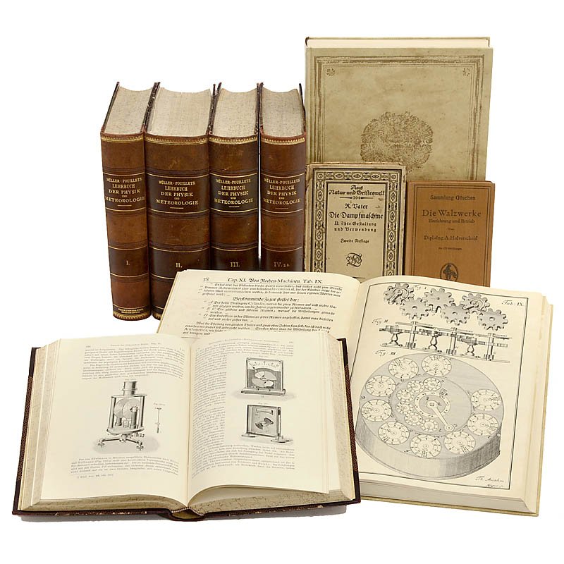 Physical and Technical Reference Books, from 1906: Physical and Technical Reference Books, from 1906 1) Müller-Pouillets, "Lehrbuch der Physik und Meteorologie", Braunschweig 1906, 5 volumes with a total of 5,030 pages. – 2) Jacob Leupold, "Gewicht
