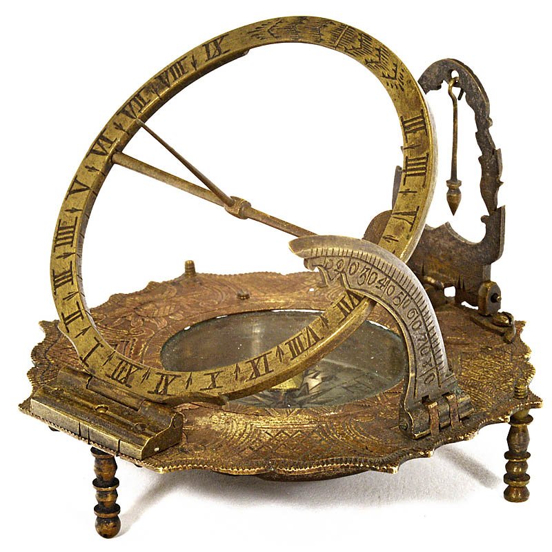 Augsburg Equatorial Sundial, c. 1750: Augsburg Equatorial Sundial, c. 1750 Signed: "Müller" (Ludwig Theodatus Müller, 1710–1770), finely engraved brass, silvered compass, original steel needle, folding plumb, base engraved with gazett