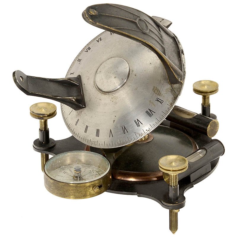 Miniature Equatorial Sun Dial by Somalvico, c. 1850: Miniature Equatorial Sun Dial by Somalvico, c. 1850 Signed "J. Somalvico & Co, 2 Hatton Garden, London", mechanically adjustable, finely engraved silver dial, 2 spirit levels, 1 compass, height: 4 ¾ 