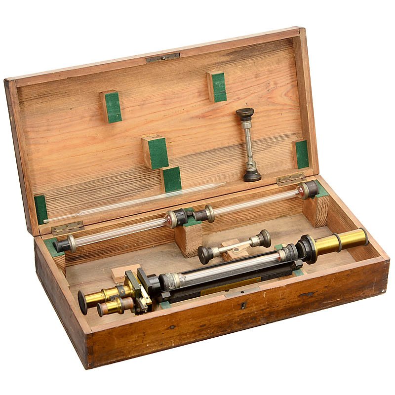 Saccharimeter by "Franz Schmidt & Haensch, Berlin", c.: Saccharimeter by "Franz Schmidt & Haensch, Berlin", c. 1890 Signed, no. 807, original lacquer, length: 18 in., bone vernier scale, with several glass and metal tubes, in wooden case. Saccharimeter "Fr