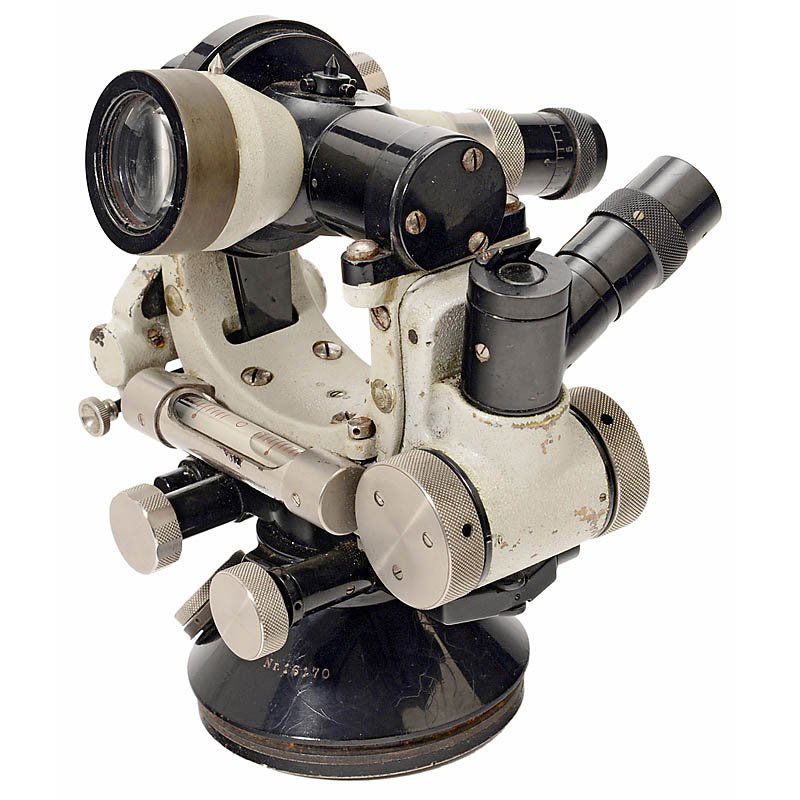 Miniature Theodolite by "Carl Zeiss, Jena", c. 1920: Miniature Theodolite by "Carl Zeiss, Jena", c. 1920 Signed, grey/black enameled brass, 1 telescopic magnifier, silver scales, length of the telescope 5 ½ in., overall height 7 in., in oak case. Mini