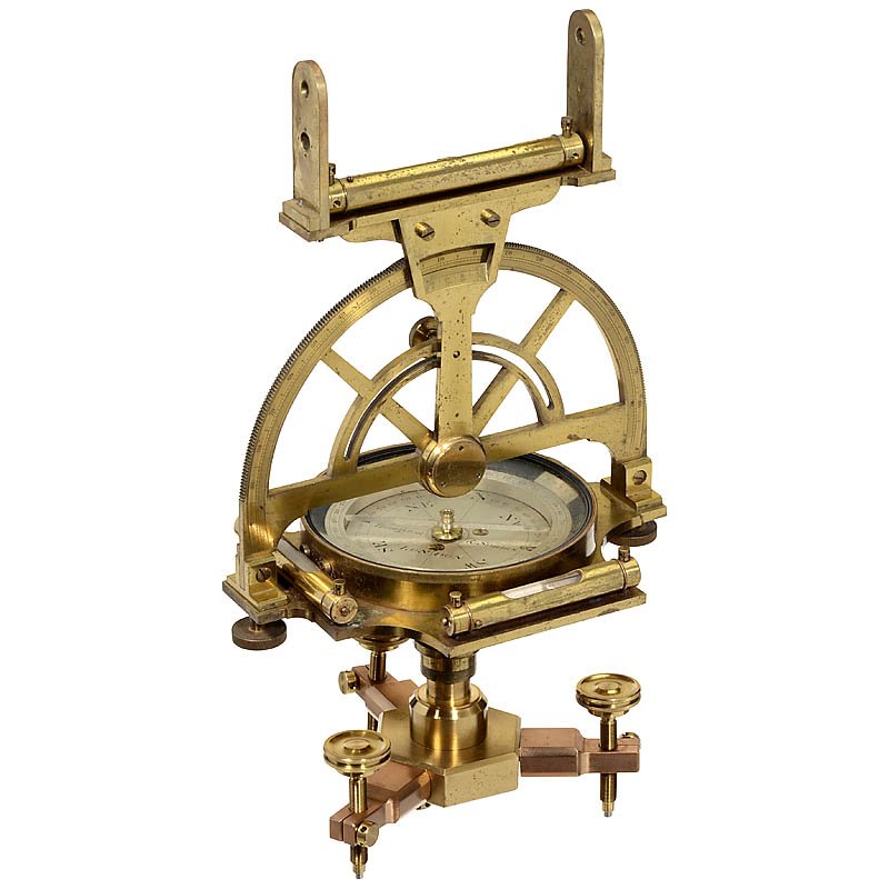 Early Troughton & Simms Theodolite with Sights, c. 1830: Early Troughton & Simms Theodolite with Sights, c. 1830 Signed "Troughton & Simms, London", lacquered brass, silvered compass scale with vernier, Ø 5 in., 3 spirit levels, on later tripod, overall he