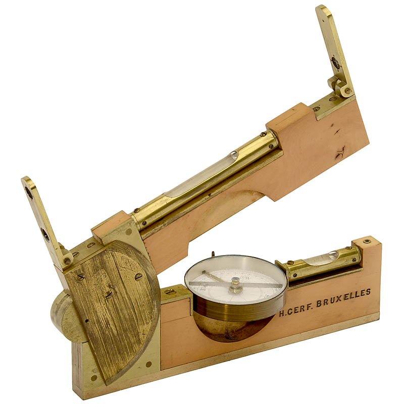 Universal Surveying Instrument, c. 1900: Universal Surveying Instrument, c. 1900 Signed: "H. Cerf. Bruxelles", original lacquered brass and beech wood, 2 bubble levels, folding compass and sights, length 6 2/3 in., in case. Universal-Meßins