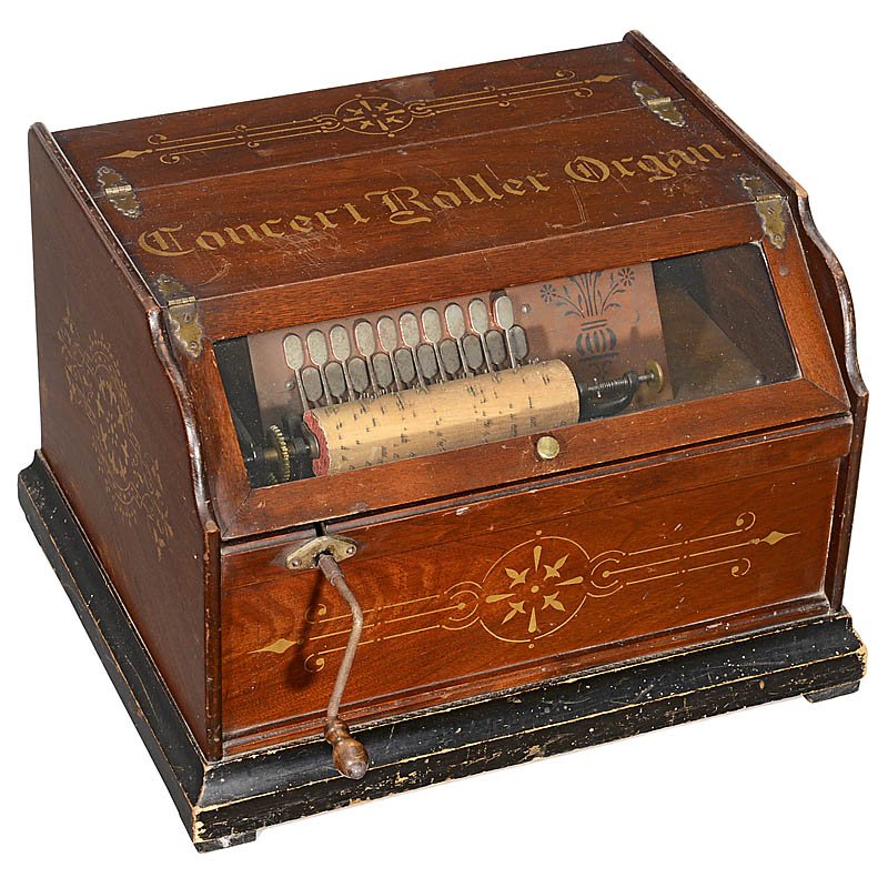 Concert Roller Organ, c. 1890: Concert Roller Organ, c. 1890 American organette, manufactured by: "The Autophone Company, New York", 20 notes, for helical pinned wooden cobs (which rotates 3 times for 1 melody), gold-ornated wooden