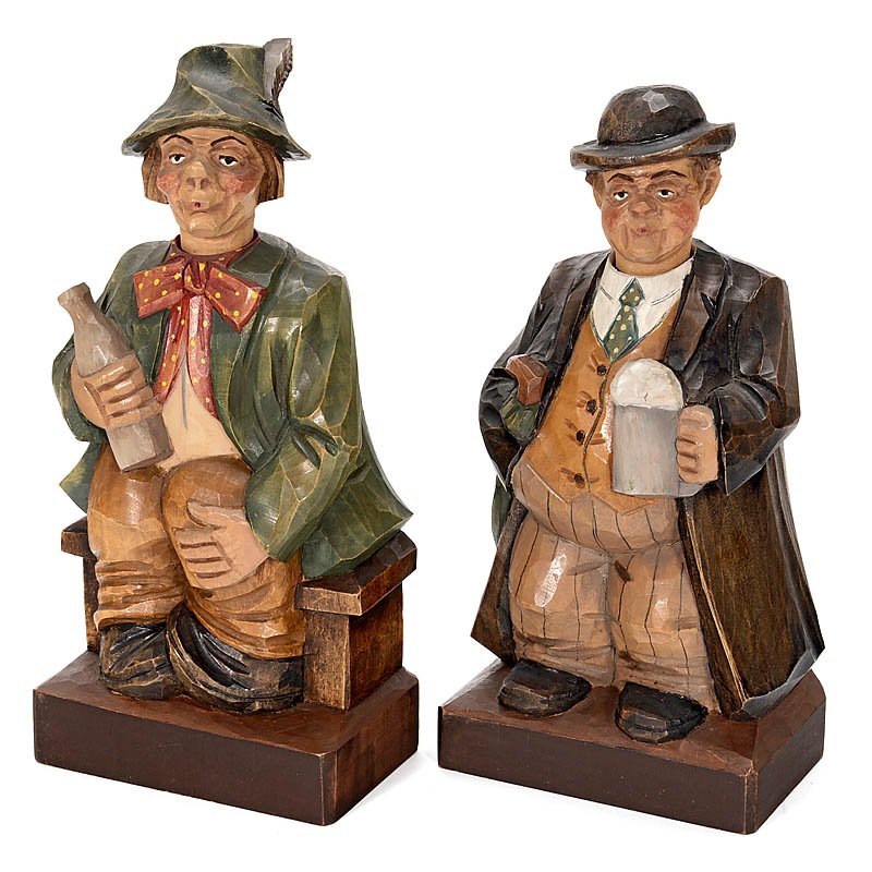 Pair of Carved Wood Whistling Automata by Karl: Pair of Carved Wood Whistling Automata by Karl Griesbaum, c. 1970 Germany, with articulated heads, going-barrel motors, whistle and bellows, one portraying a portly English gentleman with pint of beer