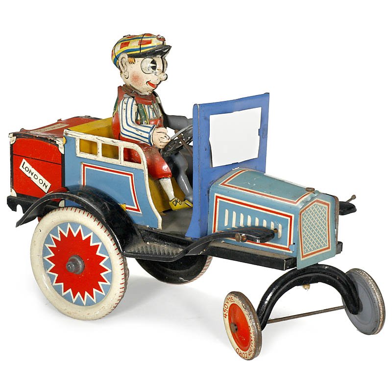 Distler Funny Comic Car, c. 1935: Distler Funny Comic Car, c. 1935 Johann Distler, Nuremberg; lithographed tin, clockwork (stuck), length 7 ½ in., produced for England and the USA only. Oldtimer mit Komiker "Distler", um 1935 Johann
