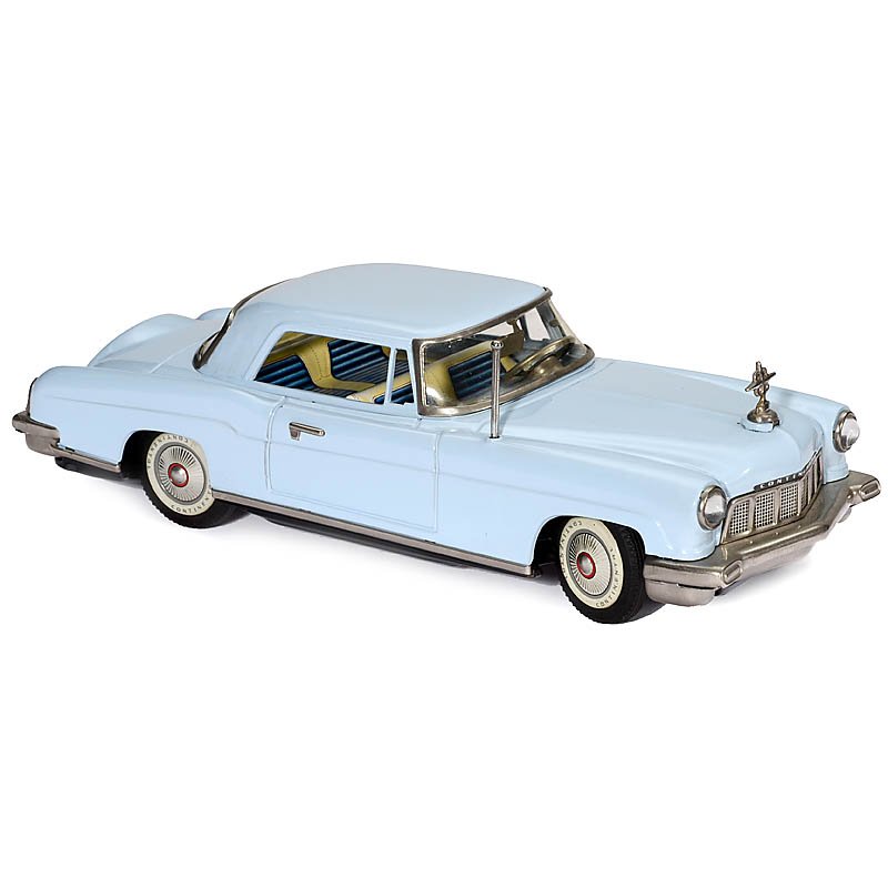 Linemar Lincoln Continental Mark II: Linemar Lincoln Continental Mark II Japanese tin toy car, light-blue, lithographed interior, friction drive, electric light, length 11 ½ in., very good condition. Linemar Lincoln Continental Mark II