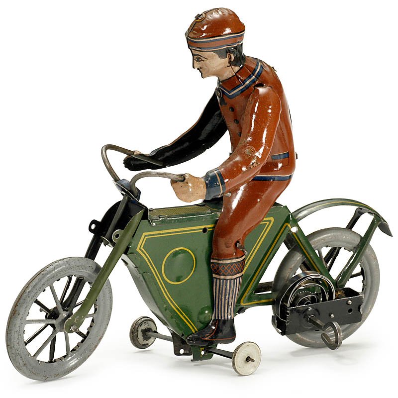 Distler Motorcycle, c. 1915: Distler Motorcycle, c. 1915 Johann Distler, Nuremberg. Lithographed tin, clockwork (sticks), length: 7 7/8 in., very good original condition. Motorrad "Distler", um 1915 Johann Distler, Nürnberg. Li