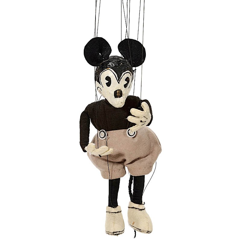 Early Mickey Mouse Marionette by Tony Sarg, c. 1935: Early Mickey Mouse Marionette by Tony Sarg, c. 1935 Painted papier-mâché character head, open mouth, upturned nose, fabric body; felt ears, hands, shoes and trousers, height without strings 13 ¾ in