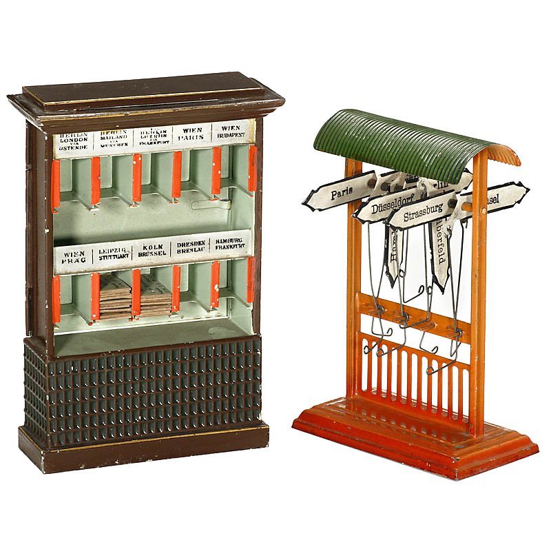 Railway Accessories by Märklin: Railway Accessories by Märklin 1) Train indicator no. 2646. – And: 2) Ticket rack no. 2659. Bahnsteigzubehör "Märklin" 1) Fahrtrichtungsanzeiger Nr. 2646. – Und: 2) Fahrkartenschrank Nr. 2659. 