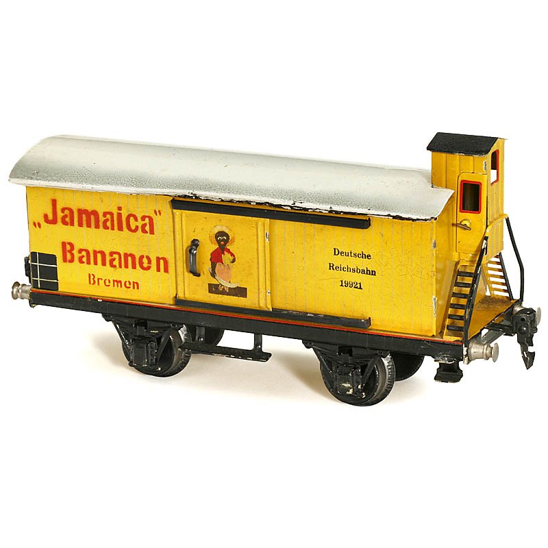 Märklin Banana Wagon No. 1992/1, Gauge I, c. 1930: Märklin Banana Wagon No. 1992/1, Gauge I, c. 1930 Hand-japanned tin, 2 sliding doors, brakeman's cabin, length 9 ¾ in. Bananenwagen "Märklin" Nr. 1992/1 Spur I, um 1930 Handlackiertes Blech, 2 Schi