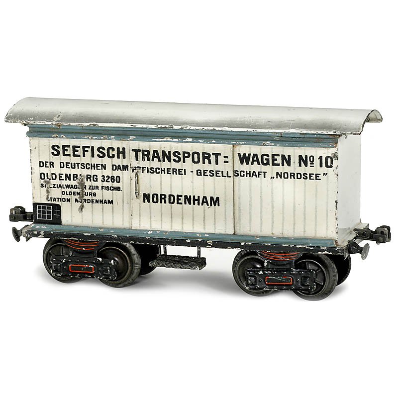 Märklin Seafish Closed Goods Wagon No. 1849/1 Gauge I,: Märklin Seafish Closed Goods Wagon No. 1849/1 Gauge I, c. 1915 Hand-painted tin, 2 sliding doors, hinged roof, length 10 in., original condition without repairs. Seefisch-Transportwagen "Märklin" Nr