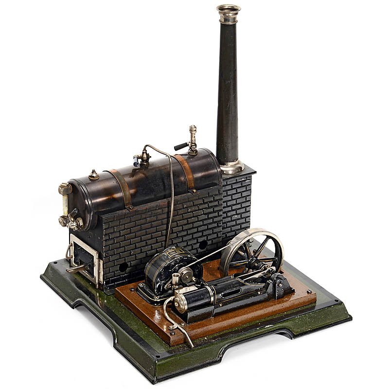 Märklin Steam Engine with Dynamo No. 4096/91/7, from: Märklin Steam Engine with Dynamo No. 4096/91/7, from 1929 Fixed double-action cylinder, dynamo no. 3391/0, boiler Ø 2 ¾ in., length 8 ¼ in., repainted metal base 12 x 12 ¼ in., with vaporizing bu