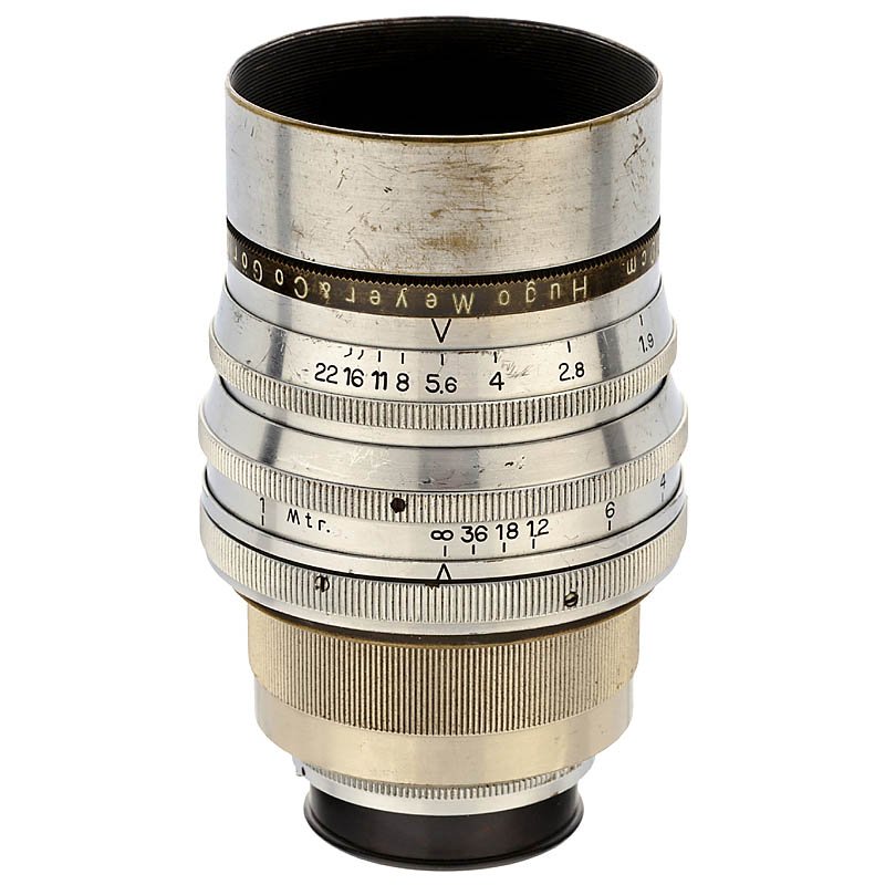 Primoplan 1,9/10 cm for Exakta: Primoplan 1,9/10 cm for Exakta Meyer, Görlitz. No. 912545, heavy chromed brass lens, adapted to Exakta mount. Primoplan 1,9/10 cm für Exakta Meyer, Görlitz. Nr. 912545, schweres verchromtes Messing