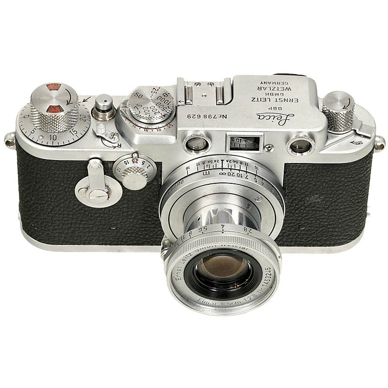 Leica IIIf with 2,8 Elmar, 1955: Leica IIIf with 2,8 Elmar, 1955 Leitz, Wetzlar. No. 798629, red-dial synchronization, self-timer. With Elmar 2,8/5 cm, no. 1453245, metric, with cap. Leica IIIf mit 2,8-Elmar, 1955 Leitz, Wetzlar. Nr.