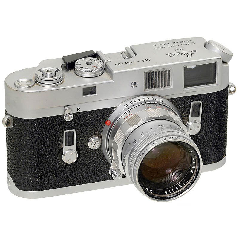 Leica M4, 1968: Leica M4, 1968 Leitz, Wetzlar. No. M4-1187823, shutter needs attention, small dents. With Summicron 2/50 mm, no. 215905, dual scale. Leica M4, 1968 Leitz, Wetzlar. Nr. M4-1187823, Verschluß defekt, k